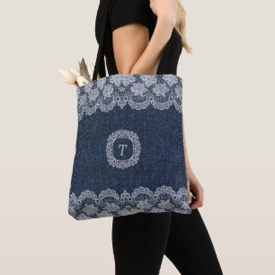 Schöne Lace Blue Denim Muster Tote Tasche