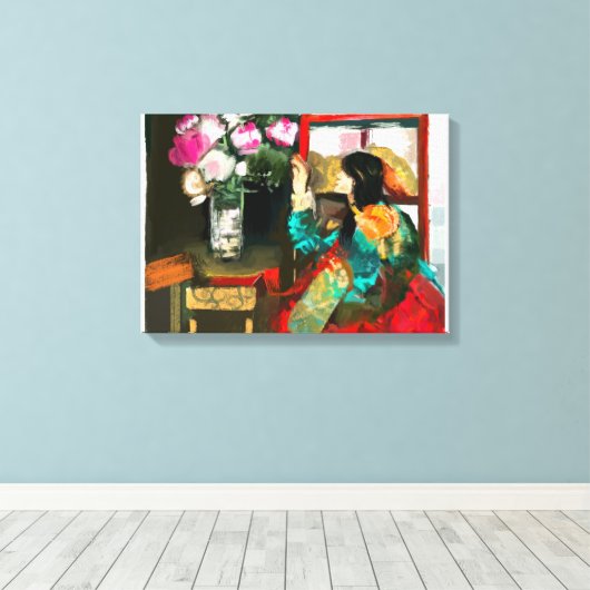 Schöne Lady Admiring Blume Leinwanddruck (Insitu (Holzboden))