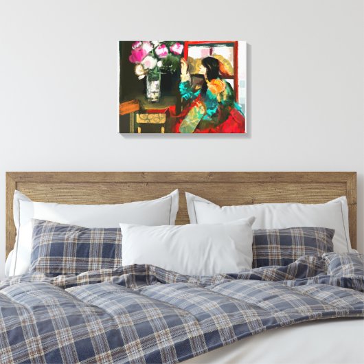 Schöne Lady Admiring Blume Leinwanddruck (Insitu (Schlafzimmer))