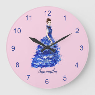 Schöne Lady mit Funkelnd Blauer Mode Große Wanduhr