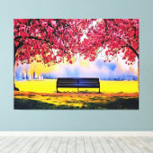 Schöne Landschaft mit Kirschbäumen und einer Bank Leinwanddruck (Insitu (Holzboden))