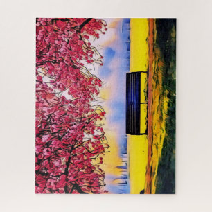 Schöne Landschaft mit Kirschbäumen und einer Bank Puzzle