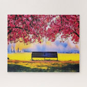 Schöne Landschaft mit Kirschbäumen und einer Bank Puzzle (Horizontal)