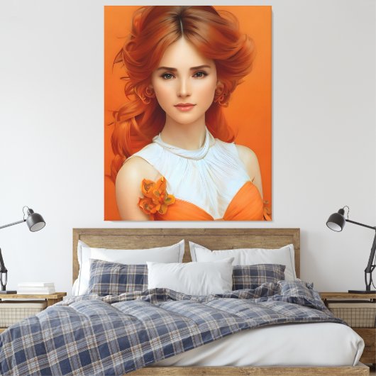 Schöne, lang haarige Frau im Orangen Modemodell Leinwanddruck (Insitu (Schlafzimmer))