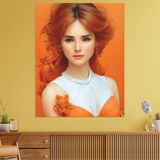 Schöne, lang haarige Frau im Orangen Modemodell Leinwanddruck (Insitu (Wohnzimmer))