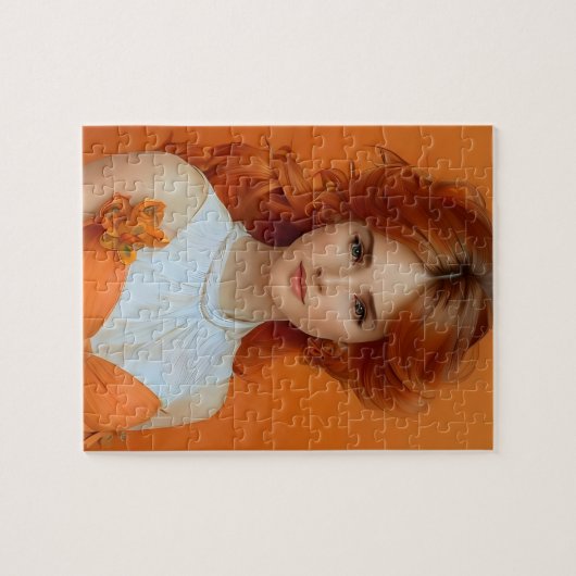 Schöne, lang haarige Frau im Orangen Modemodell Puzzle (Horizontal)