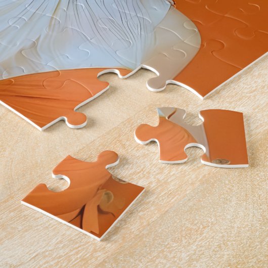 Schöne, lang haarige Frau im Orangen Modemodell Puzzle (Seite)