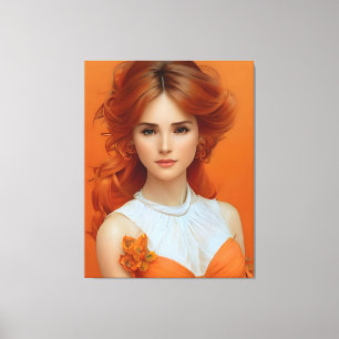 Schöne langhaarige Frau in orangefarbenem Modemode Leinwanddruck