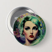 Schöne Lavender & Green Retro Style Space Frau Button (Vorne & Hinten)