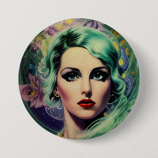 Schöne Lavender & Green Retro Style Space Frau Button (Vorderseite)