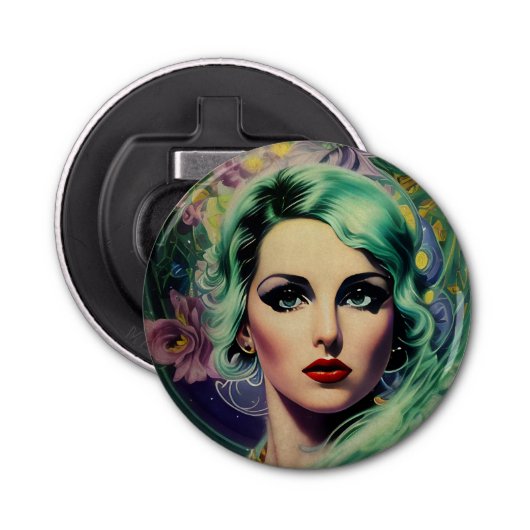 Schöne Lavender & Green Retro Style Space Frau Flaschenöffner (Vorderseite)