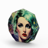 Schöne Lavender & Green Retro Style Space Frau Fotoblock (Rechts)