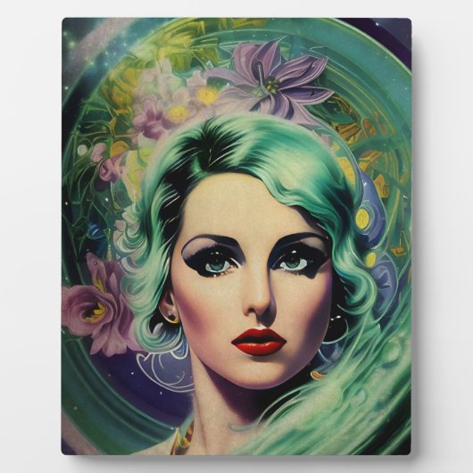 Schöne Lavender & Green Retro Style Space Frau Fotoplatte (Vorderseite)