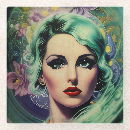 Schöne Lavender & Green Retro Style Space Frau Glasuntersetzer (Vorderseite)