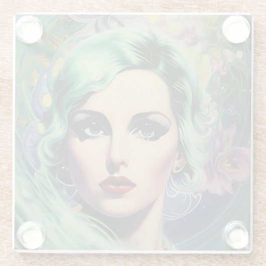 Schöne Lavender & Green Retro Style Space Frau Glasuntersetzer (Rückseite)