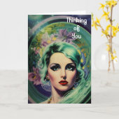 Schöne Lavender & Green Retro Style Space Frau Karte (Gelbe Blume)