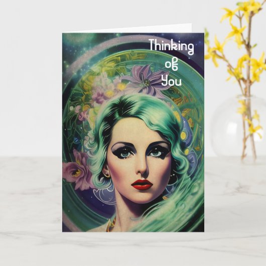 Schöne Lavender & Green Retro Style Space Frau Karte (Gelbe Blume)
