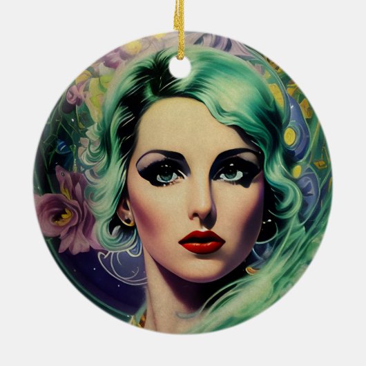 Schöne Lavender & Green Retro Style Space Frau Keramik Ornament (Hinten)