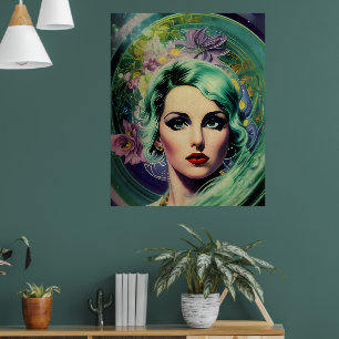 Schöne Lavender & Green Retro Style Space Frau Poster