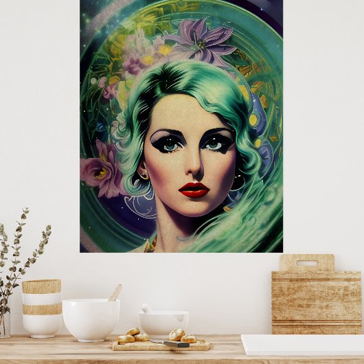 Schöne Lavender & Green Retro Style Space Frau Poster (Küche)