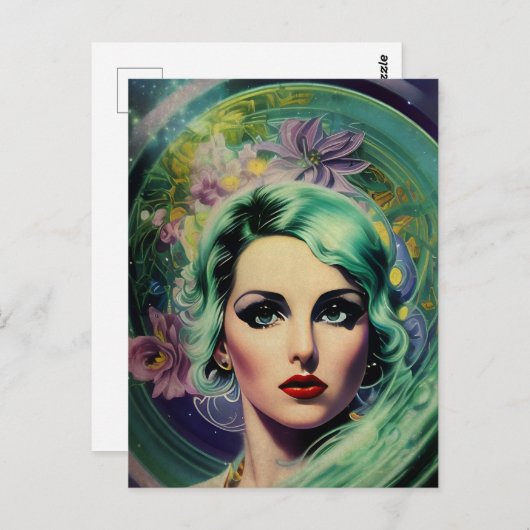 Schöne Lavender & Green Retro Style Space Frau Postkarte (Vorne/Hinten)