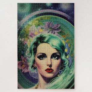 Schöne Lavender & Green Retro Style Space Frau Puzzle