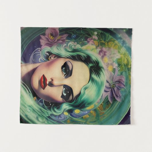 Schöne Lavender & Green Retro Style Space Frau Wandteppich (Vorderseite (Horizontal))