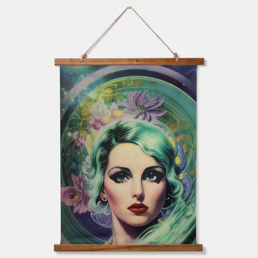 Schöne Lavender & Green Retro Style Space Frau Wandteppich Mit Holzrahmen (Vorderseite)
