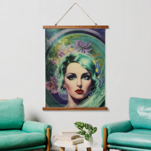 Schöne Lavender & Green Retro Style Space Frau Wandteppich Mit Holzrahmen