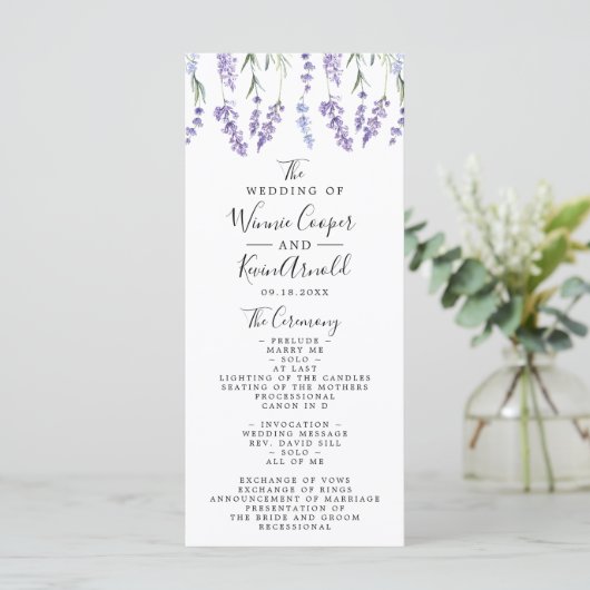 Schöne Lavender Wedding Programm (Stehend Vorderseite)
