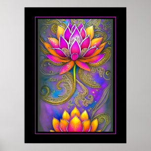 Schöne, lebhafte Rosa Verzierte Lotus-Blume Poster