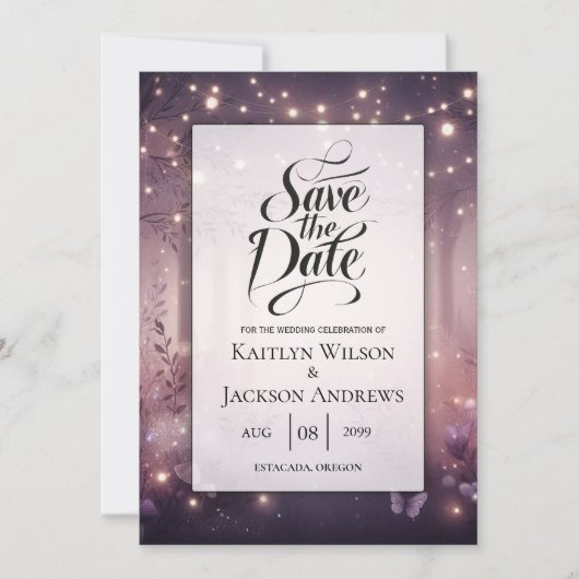 Schöne Lichter in Woodland glühende Hochzeit Save The Date (Vorderseite)