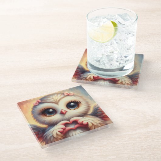 Schöne Liebe Herz Owl Glasuntersetzer (Schrägansicht)