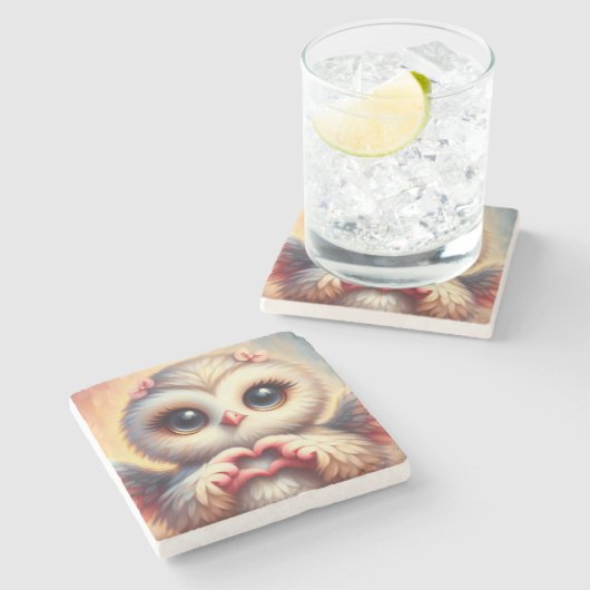 Schöne Liebe Herz Owl Steinuntersetzer (Seitenansicht)
