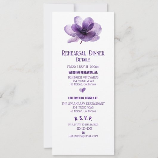 Schöne Lila Blume Probe Abendessen Einladung (Rückseite)