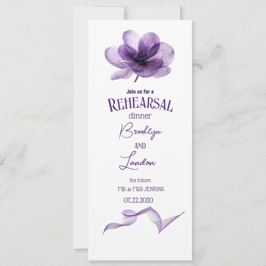Schöne Lila Blume Probe Abendessen Einladung (Vorderseite)
