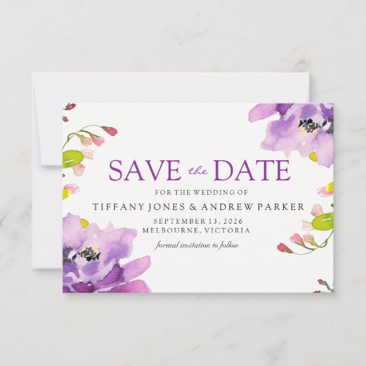 Schöne Lila Blumenhochzeit rettet das Datum Save The Date (Vorderseite)