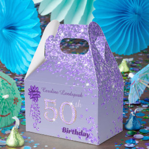 Schöne lila Glitter-Schleife 50. Geburtstag Geschenkschachtel