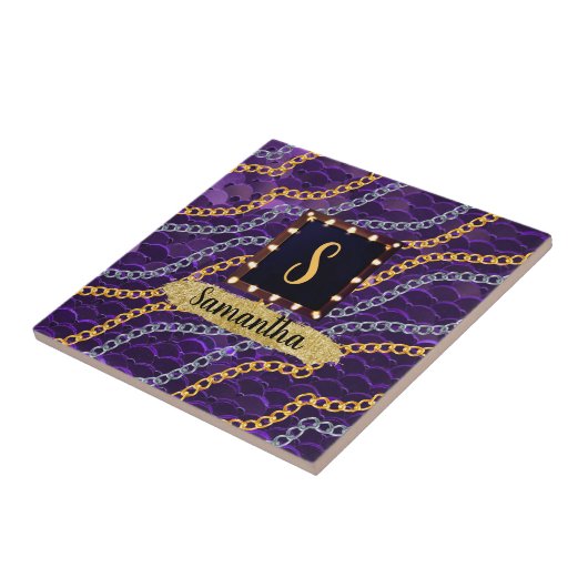 Schöne Lila Monogram Elegante Chic Fliese (Seite)