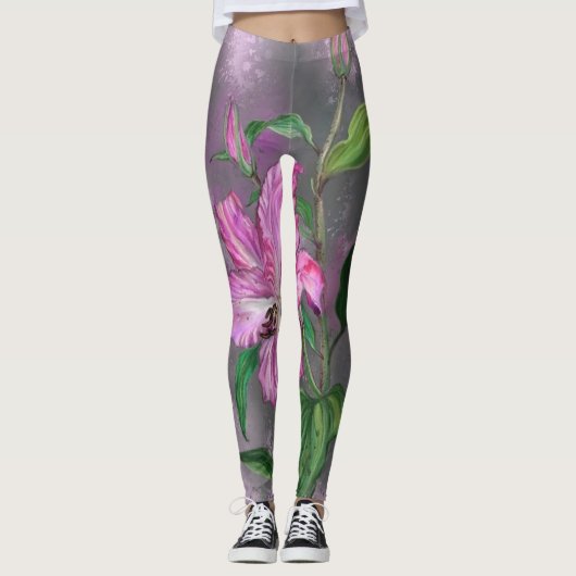 Schöne Lila Pink Lily Blume Migned Malerei Leggings (Vorderseite)