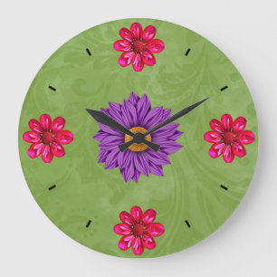 Schöne Lila, rosa und grüne Blume Große Wanduhr