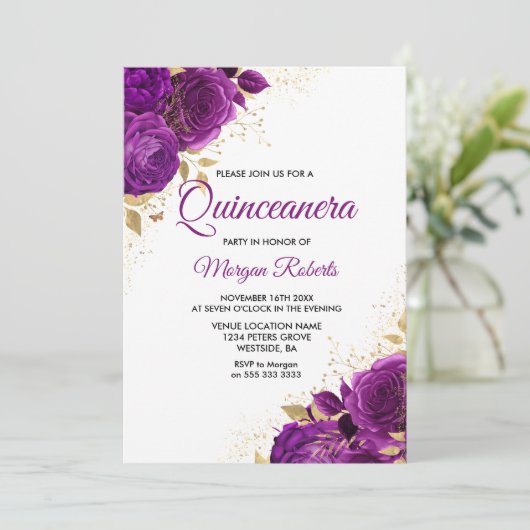 Schöne Lila Rose Gold Leaf Quinceanera Einladung (Stehend Vorderseite)