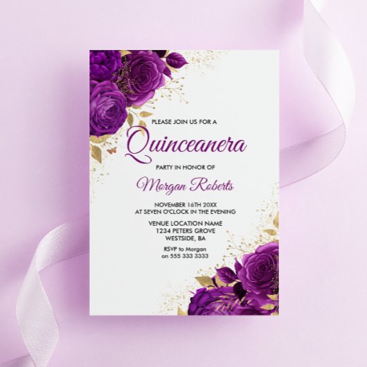Schöne Lila Rose Gold Leaf Quinceanera Einladung
