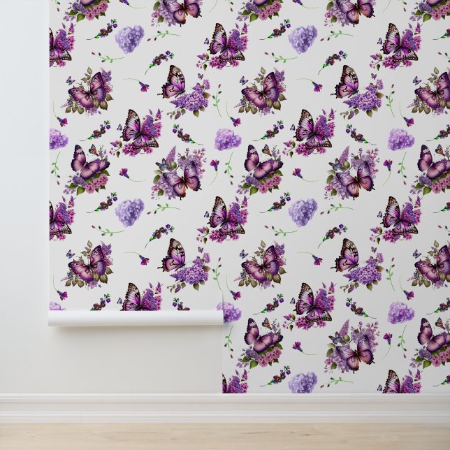 Schöne Lila Schmetterlinge | Hydrangeas Floral Tapete (Anwendung)