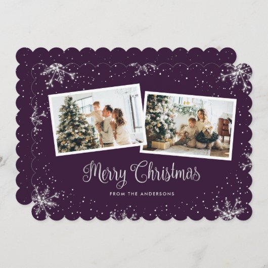 Schöne Lila Silberschneeflocken Foto Weihnachten (Vorne/Hinten)