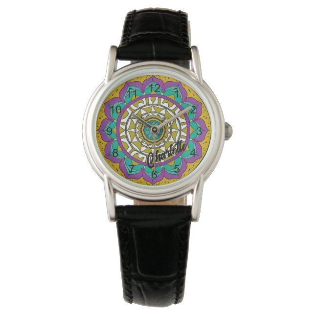 Schöne Lila und grüne Blume Mandala Watch Armbanduhr (Vorderseite)