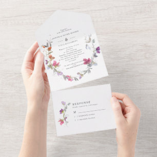 Schöne lila und rosa Süßklee-Hochzeit All In One Einladung