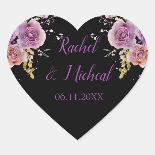 Schöne Lila und schwarze Wasserfarben-Hochzeit Herz-Aufkleber (Vorderseite)