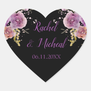 Schöne Lila und schwarze Wasserfarben-Hochzeit Herz-Aufkleber