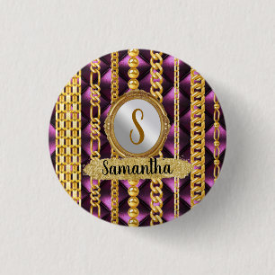 Schöne Lila Velvet Gold Monogram Elegante Chic Button